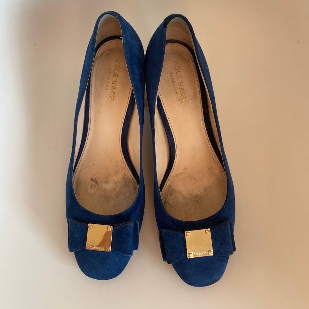 Cole Haan Tali Blue Suede Bow Pumps Covered Heels 7